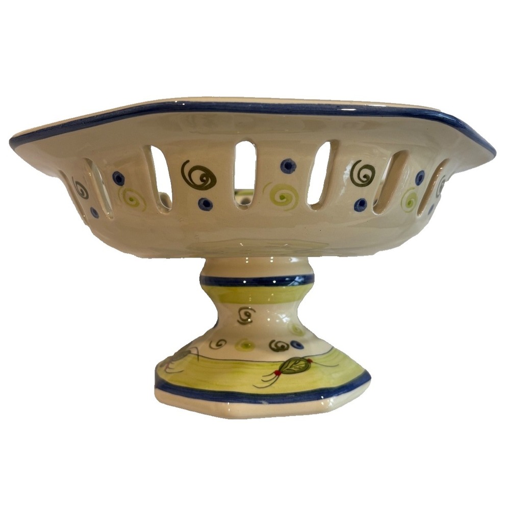 Made in Portugal reticulated pedestal handpainted floral bowl‎ green with lemons